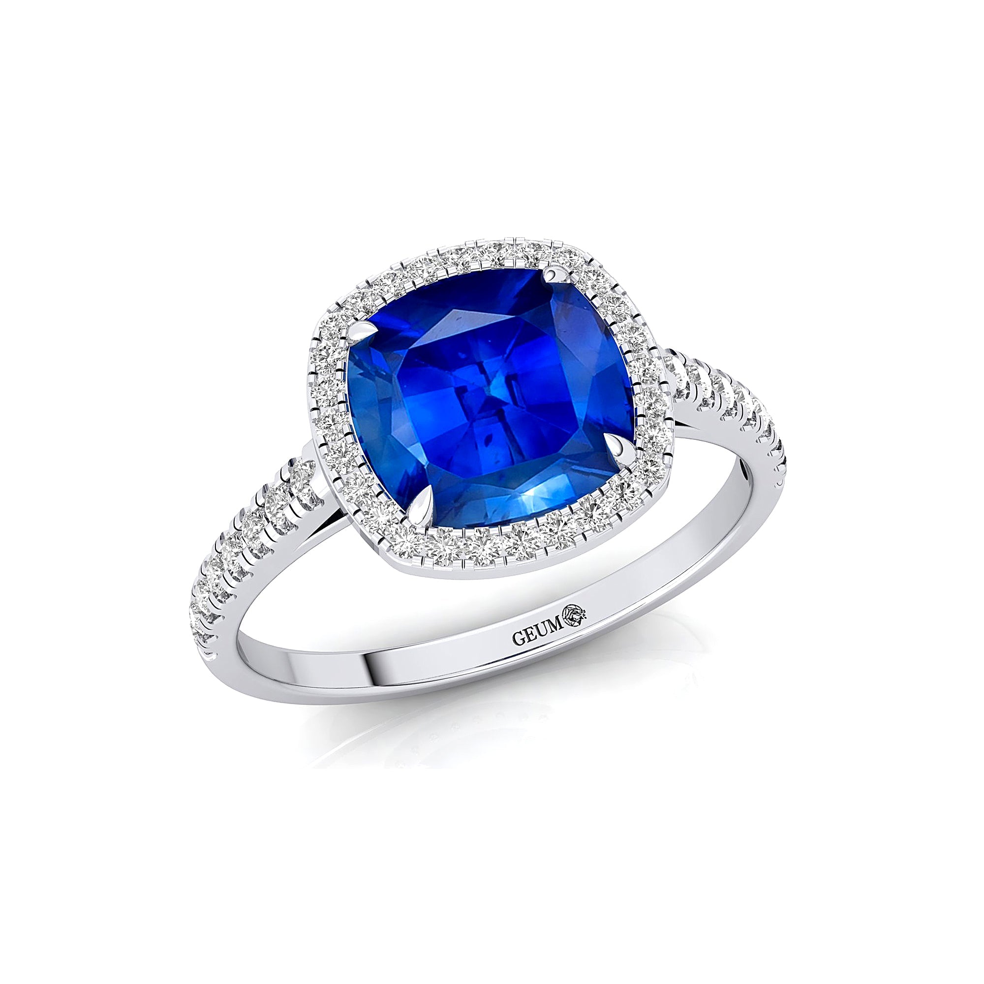 Halo Diamond Engagement Ring with Cushion Cut Blue Sapphire - GeumJewels