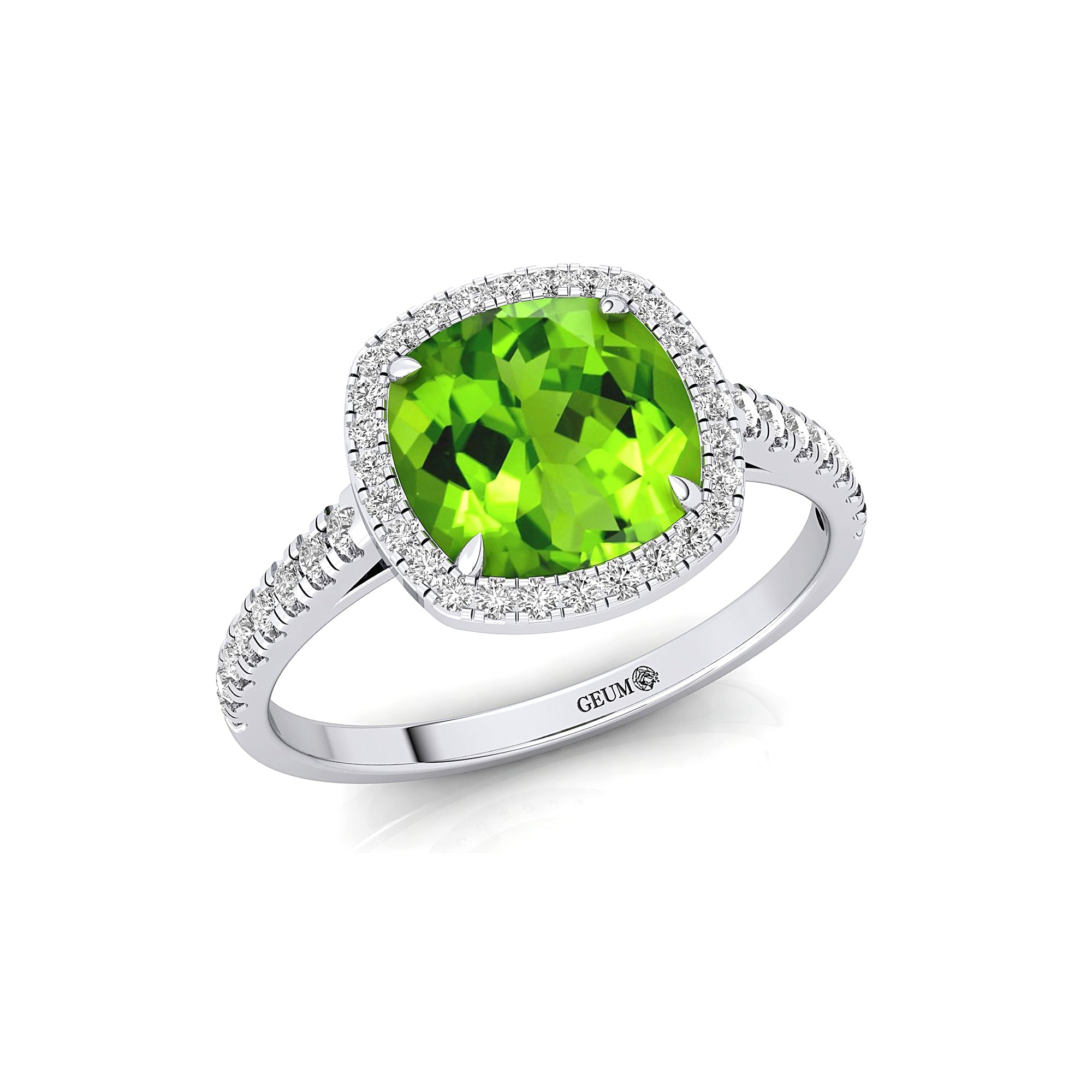 Halo Diamond Engagement Ring with Cushion Cut Peridot - GeumJewels