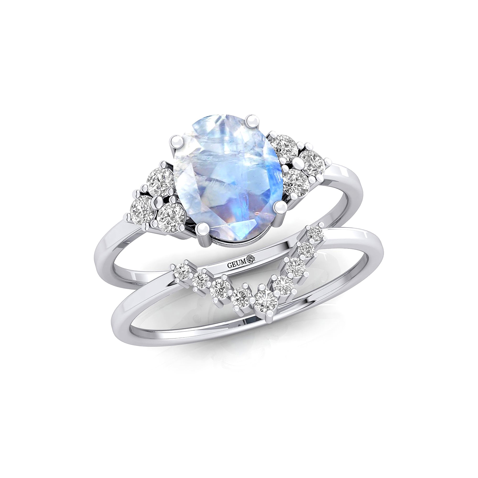 Rainbow Moonstone Gold Ring with Stackable Diamond Band - GeumJewels
