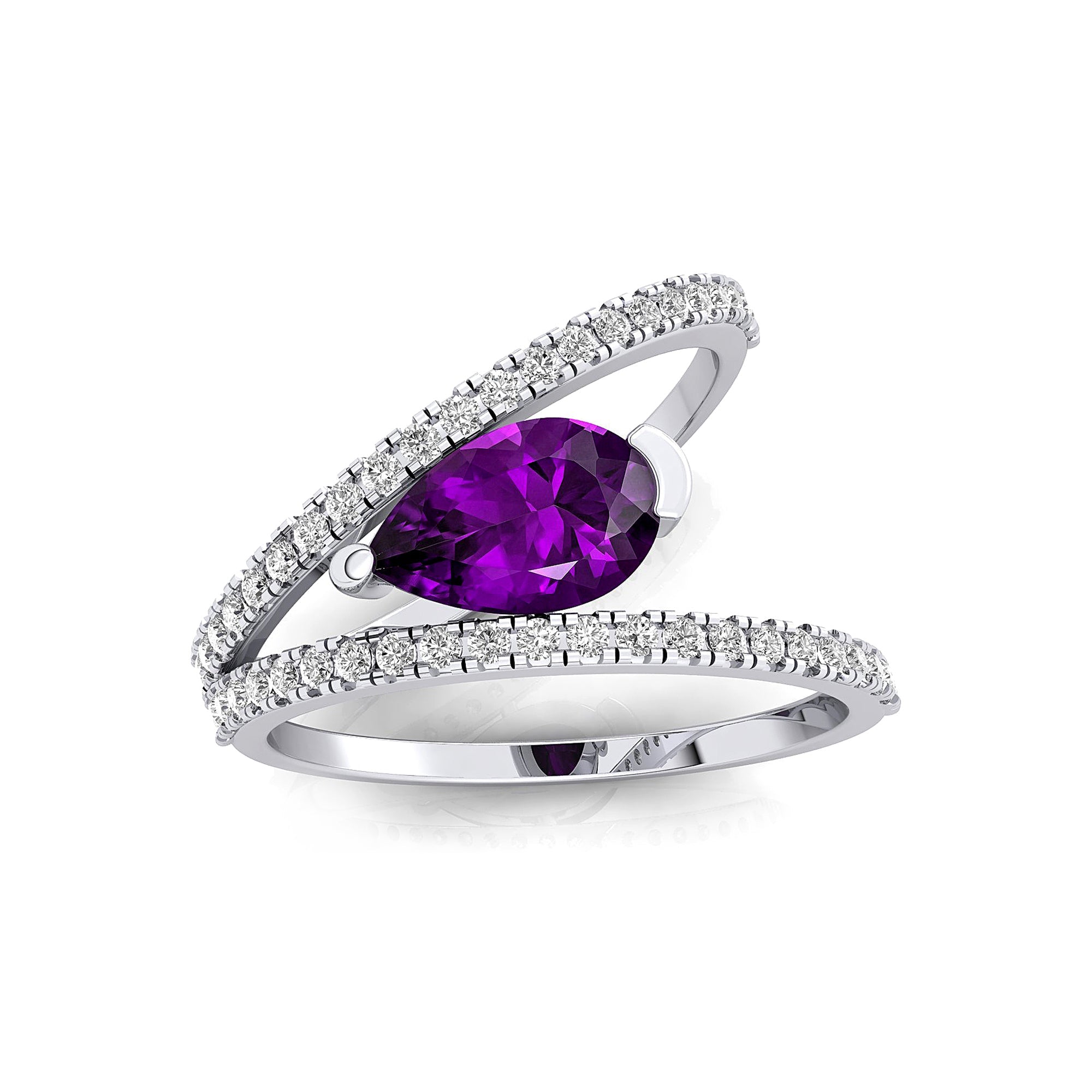 Fashionable V Shaped Diamond Ring with Pear Cut Amethyst - GeumJewels
