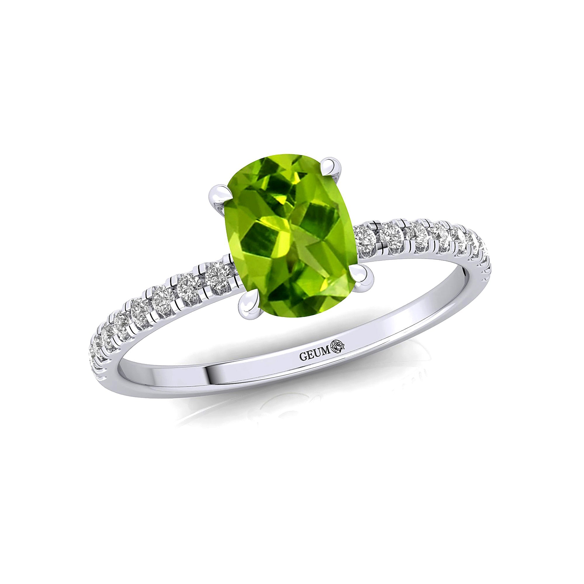 Long Cushion Peridot Thin Diamond Promise Ring - GeumJewels