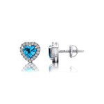 Heart Shaped Swiss Blue Topaz Halo Diamond Stud Earrings - GeumJewels