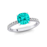 Paraiba Tourmaline Square Cushion Under Halo Diamonds Thin Ring with Diamond Band - GeumJewels