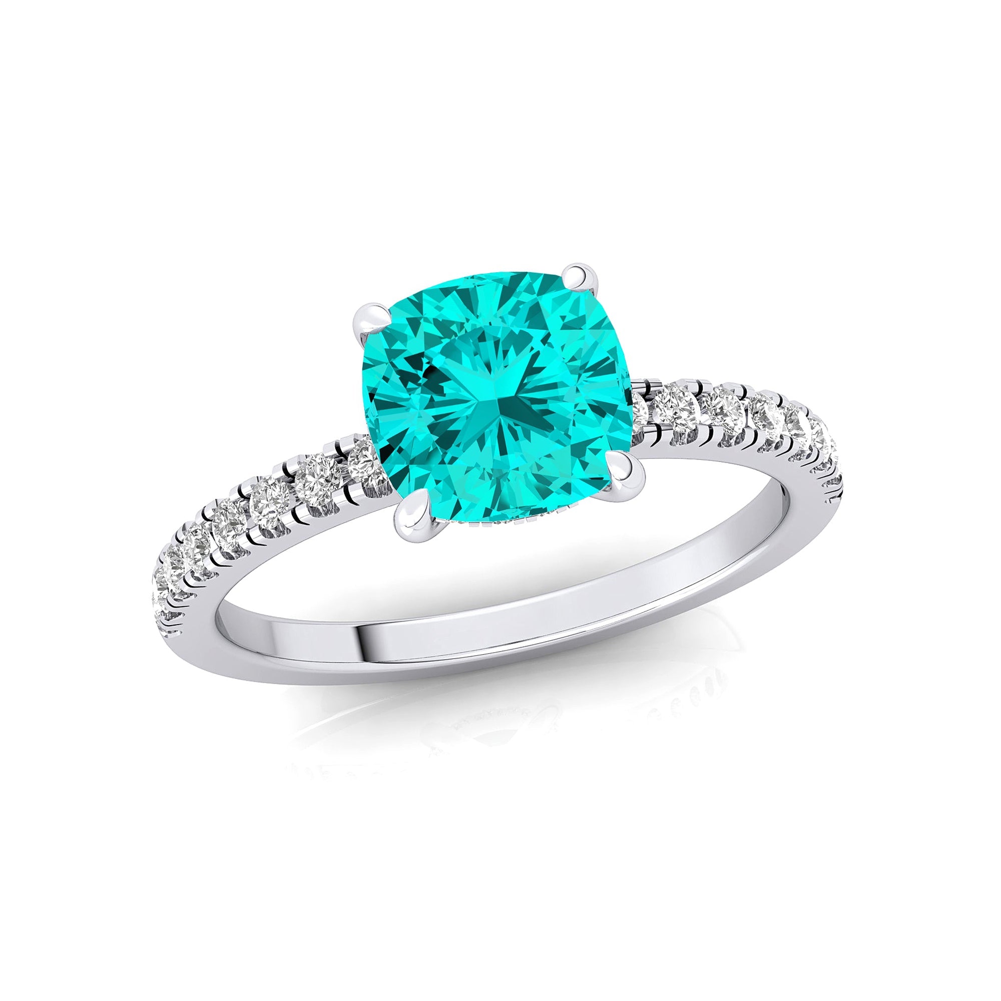 Paraiba Tourmaline Square Cushion Under Halo Diamonds Thin Ring with Diamond Band - GeumJewels