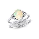 Opal Solitaire Gemstone Ring with Stackable Diamond Band - GeumJewels