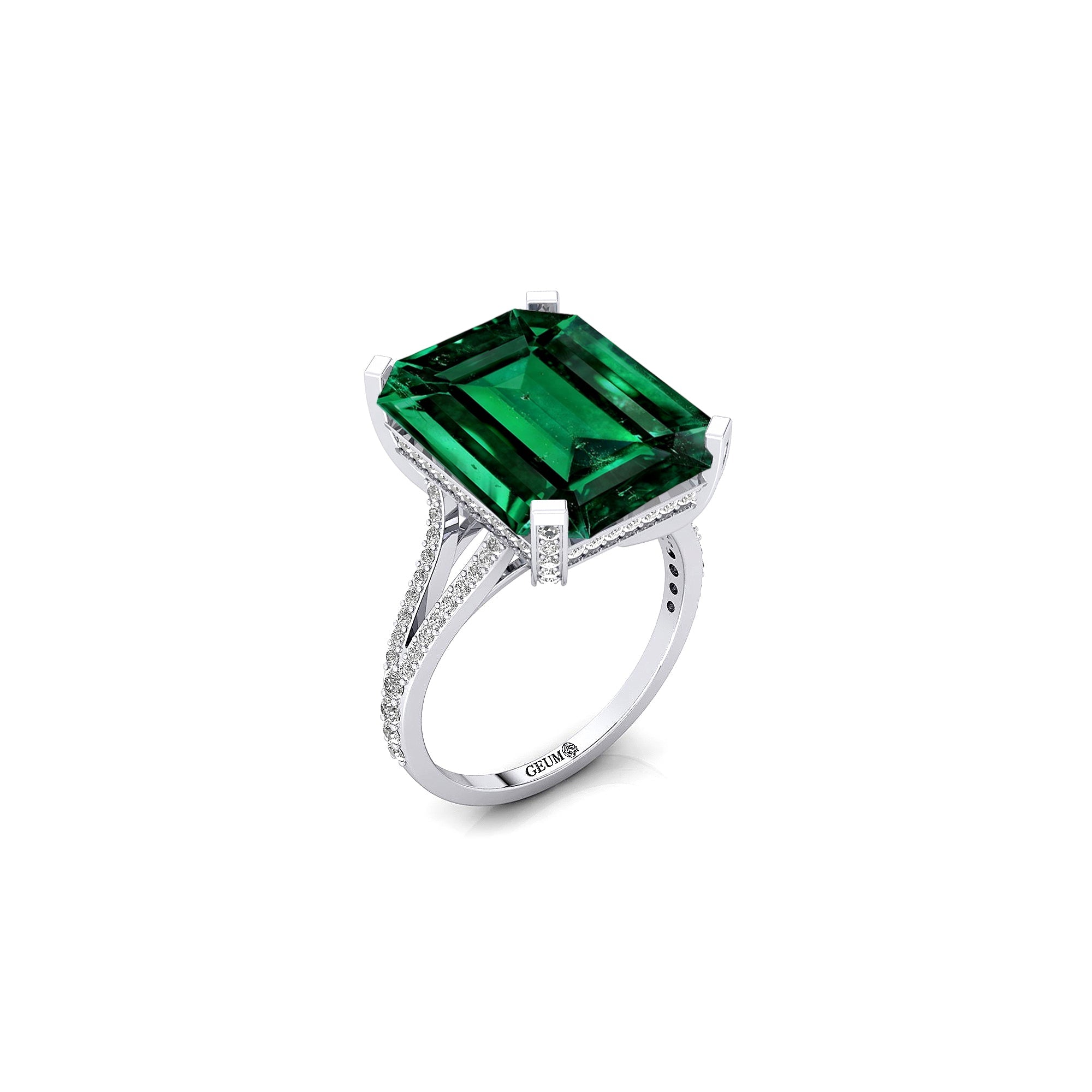 Emerald Cut Emerald Split Shank Engagement Ring with Diamonds - GeumJewels