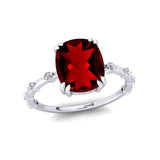 Cushion Cut Garnet Engagement Ring with Distant Diamond Band - GeumJewels