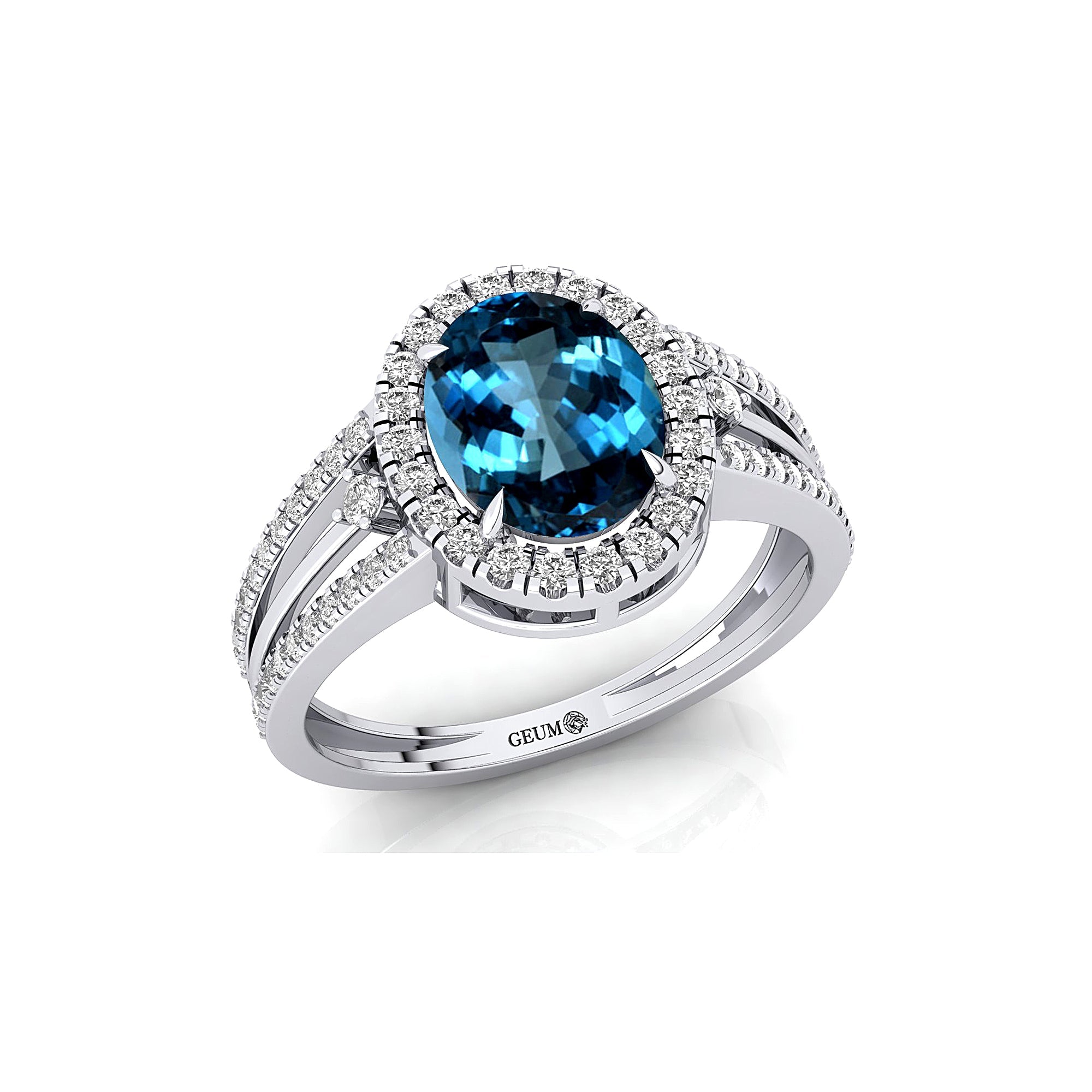 Solitaire Oval London Blue Topaz Split Shank Diamond Engagement Ring - GeumJewels