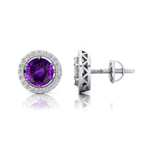 Round Solitaire Amethyst Halo Diamond Stud Earrings - GeumJewels