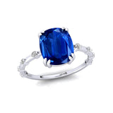 Cushion Cut Blue Sapphire Engagement Ring with Distant Diamond Band - GeumJewels