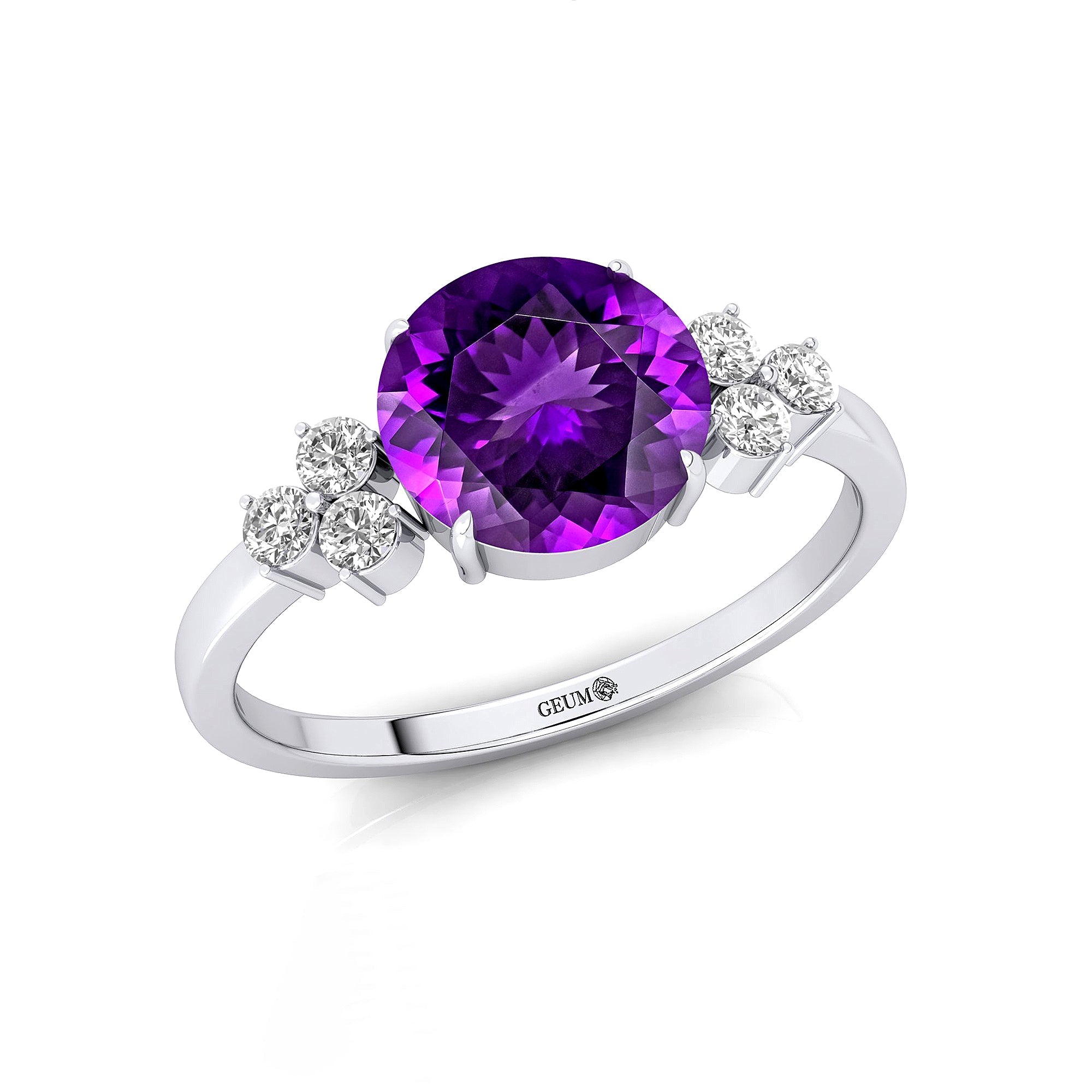 Trio Diamond Engagement Ring with Round Solitaire Amethyst - GeumJewels