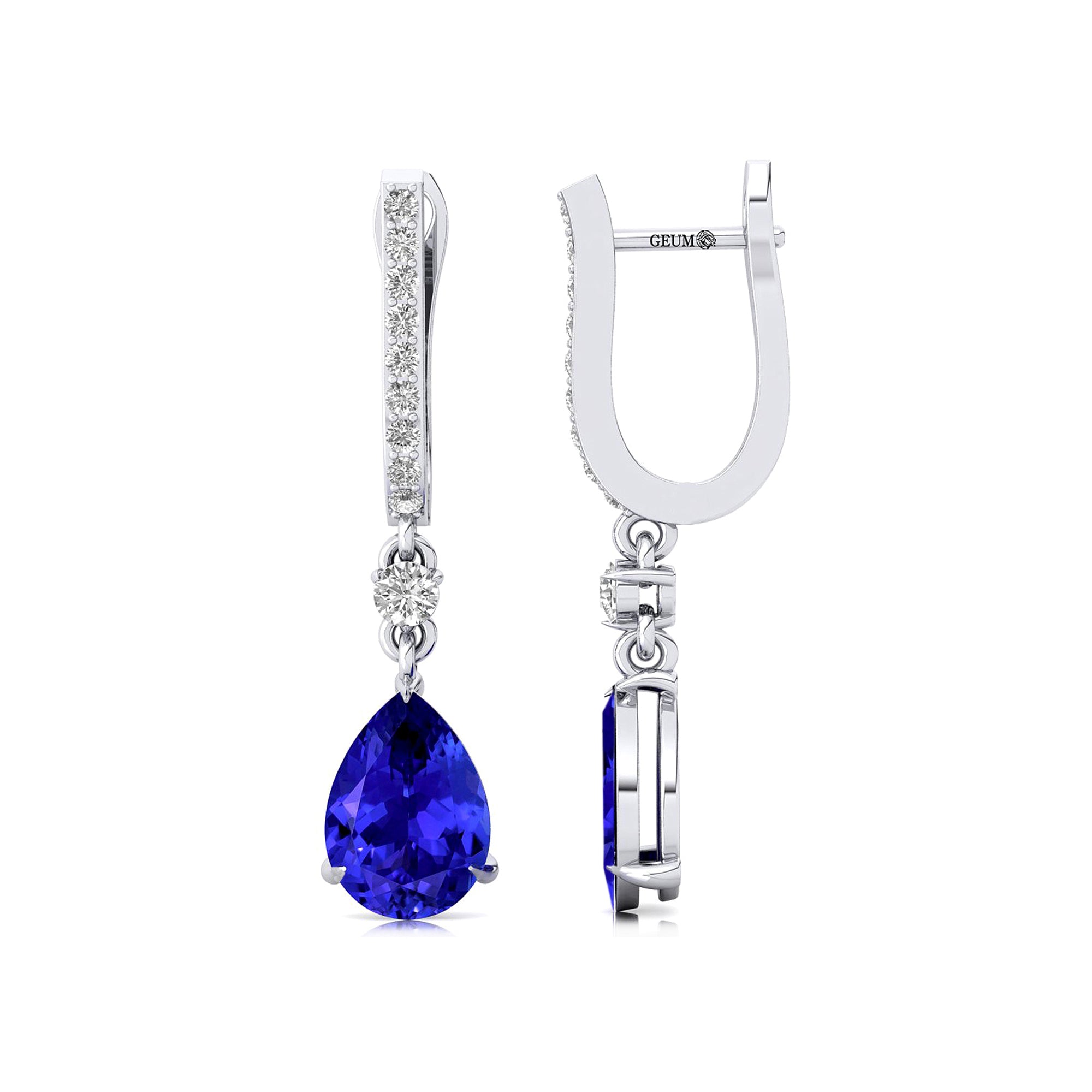 Lever Back Diamond Drop Earrings with Pear Cut Tanzanite - GeumJewels