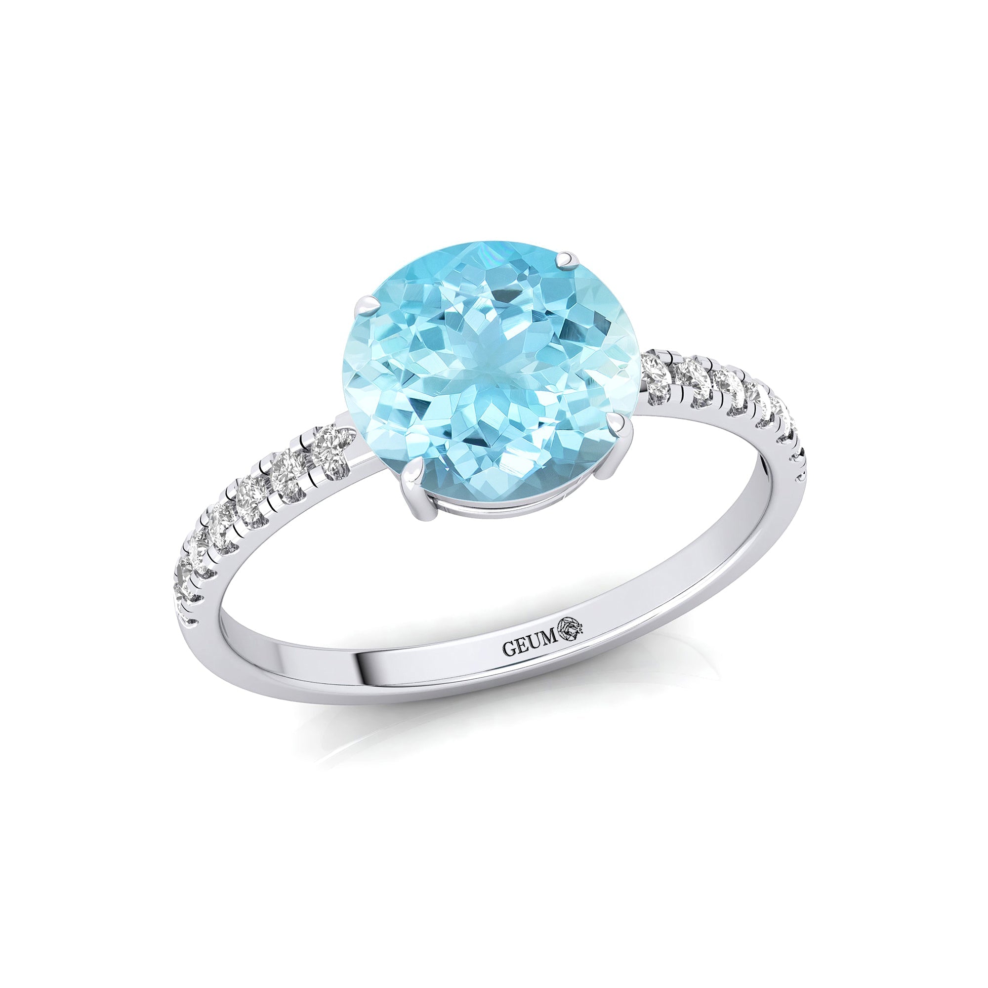 Classic Six Prong Round Solitaire Aquamarine Ring with Accent Diamond Band - GeumJewels