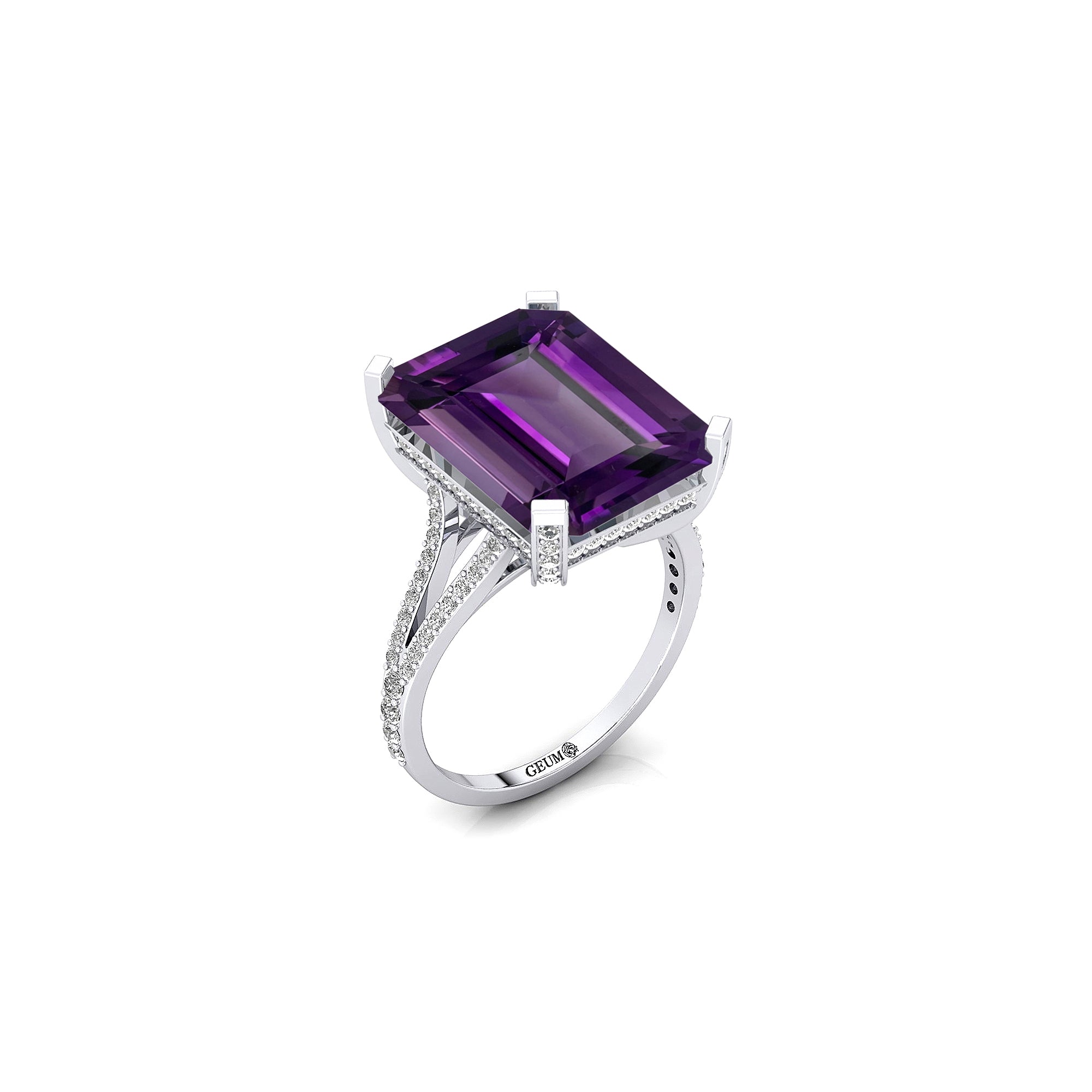 Emerald Cut Amethyst Split Shank Engagement Ring with Diamonds - GeumJewels