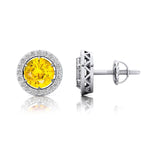 Round Solitaire Yellow Sapphire Halo Diamond Stud Earrings - GeumJewels