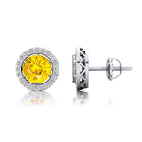 Round Solitaire Yellow Sapphire Halo Diamond Stud Earrings - GeumJewels