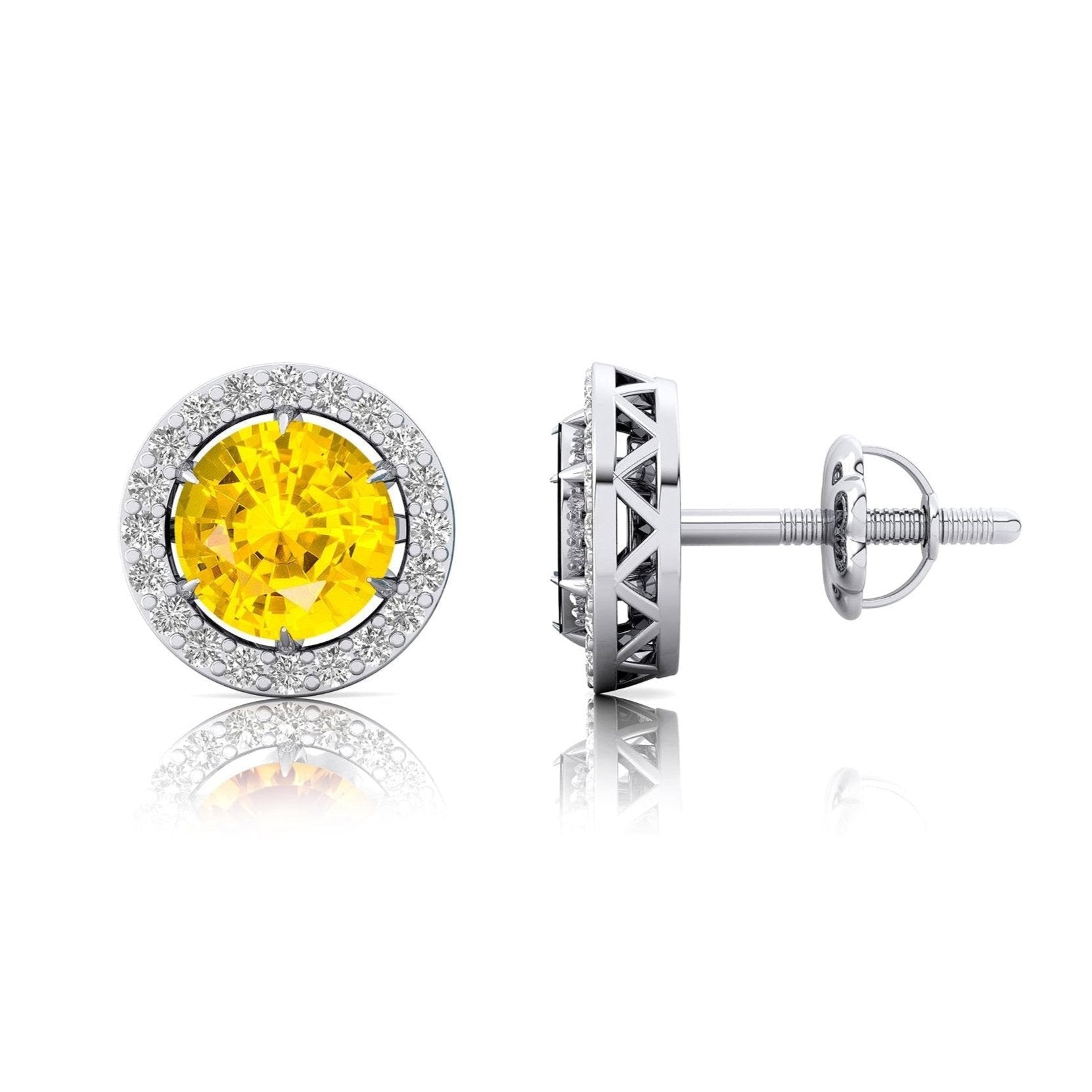Round Solitaire Yellow Sapphire Halo Diamond Stud Earrings - GeumJewels