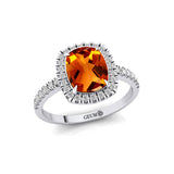Elongated Cushion Halo Set Citrine Engagement Ring with Diamond Band - GeumJewels