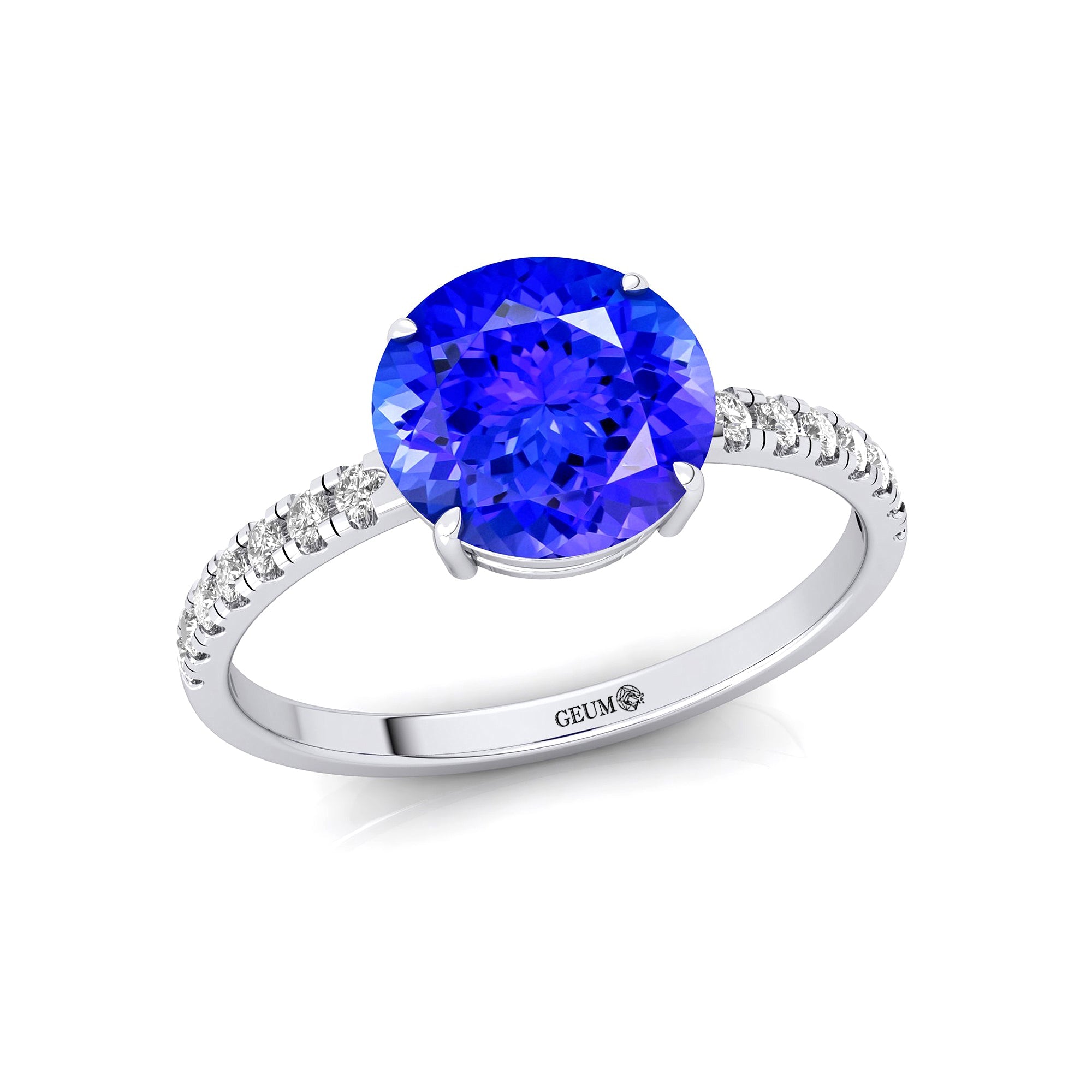 Classic Six Prong Round Solitaire Tanzanite Ring with Accent Diamond Band - GeumJewels