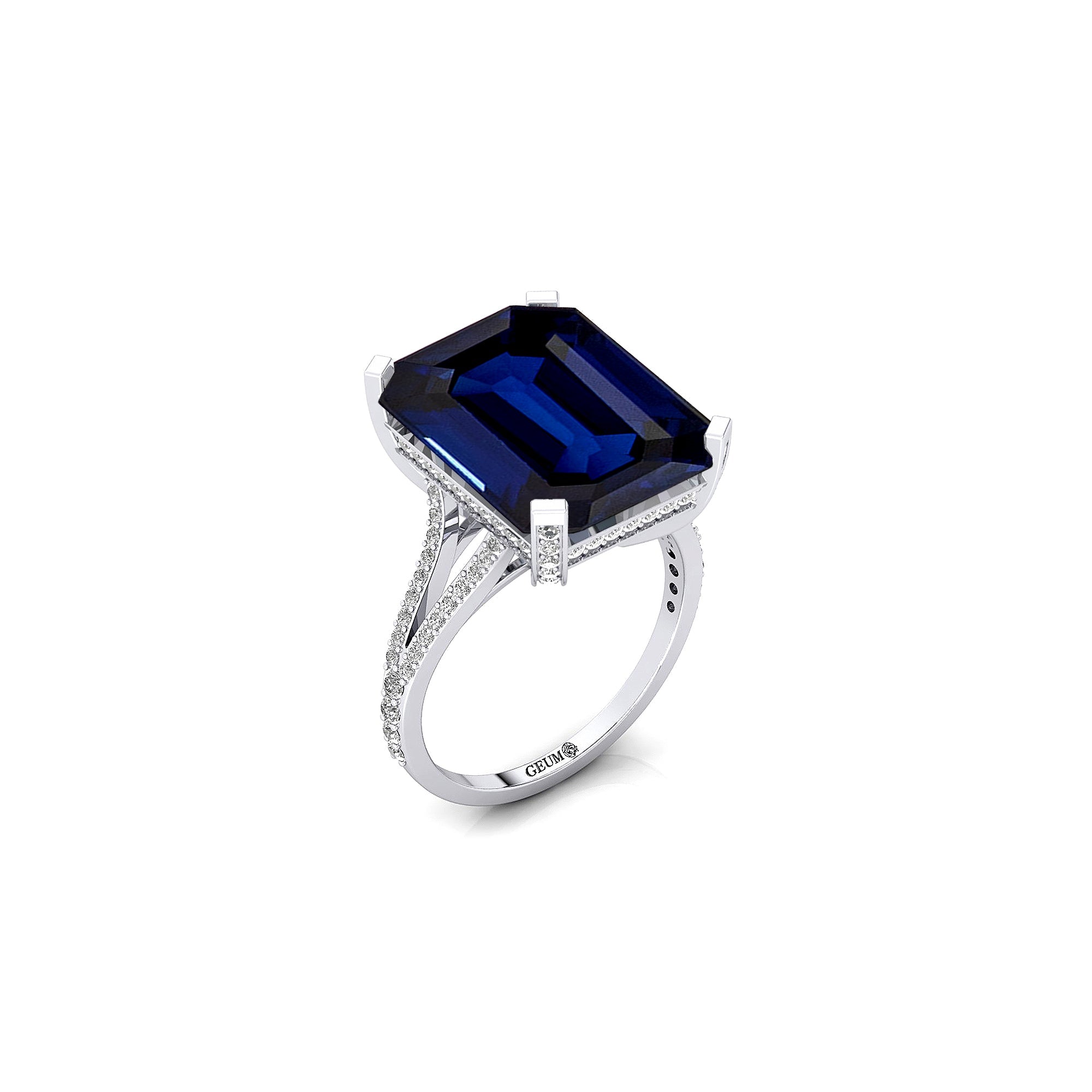 Emerald Cut Blue Sapphire Split Shank Engagement Ring with Diamonds - GeumJewels