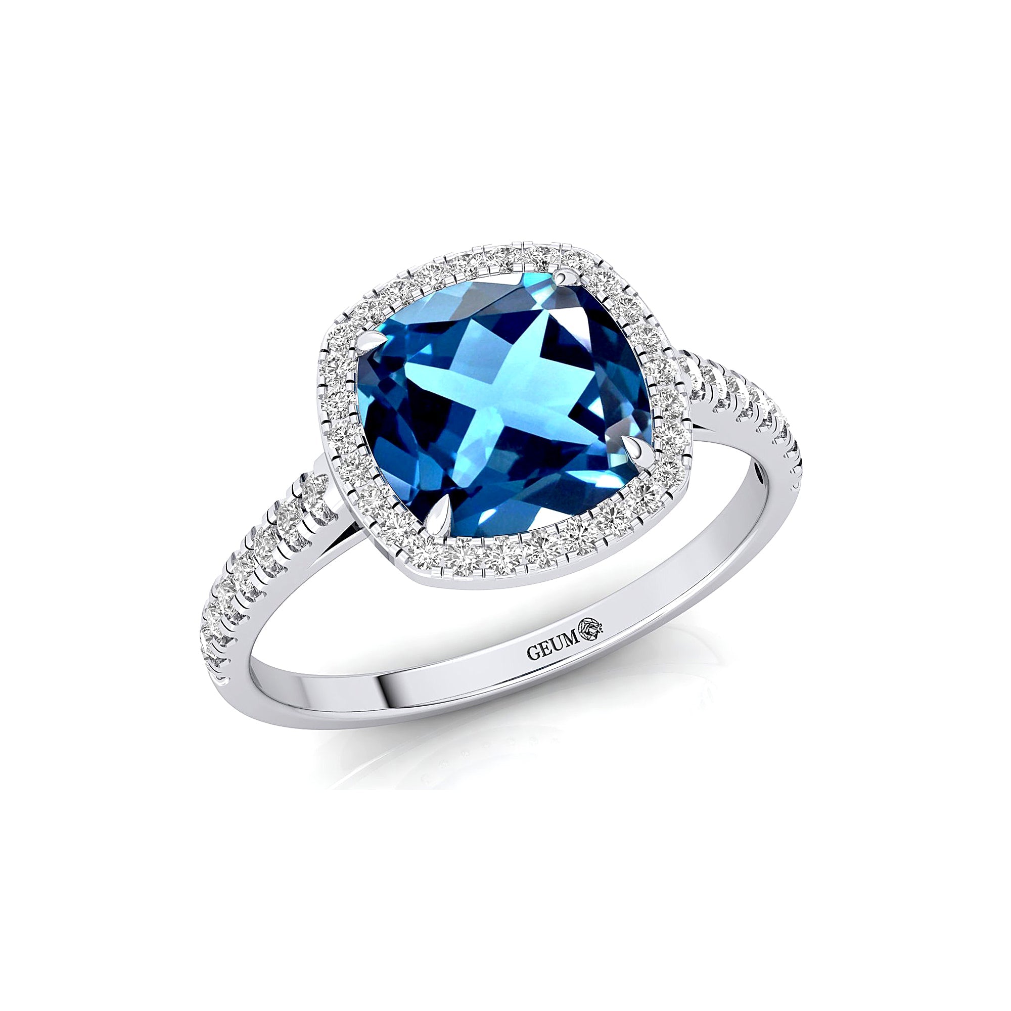 Halo Diamond Engagement Ring with Cushion Cut London Blue Topaz - GeumJewels