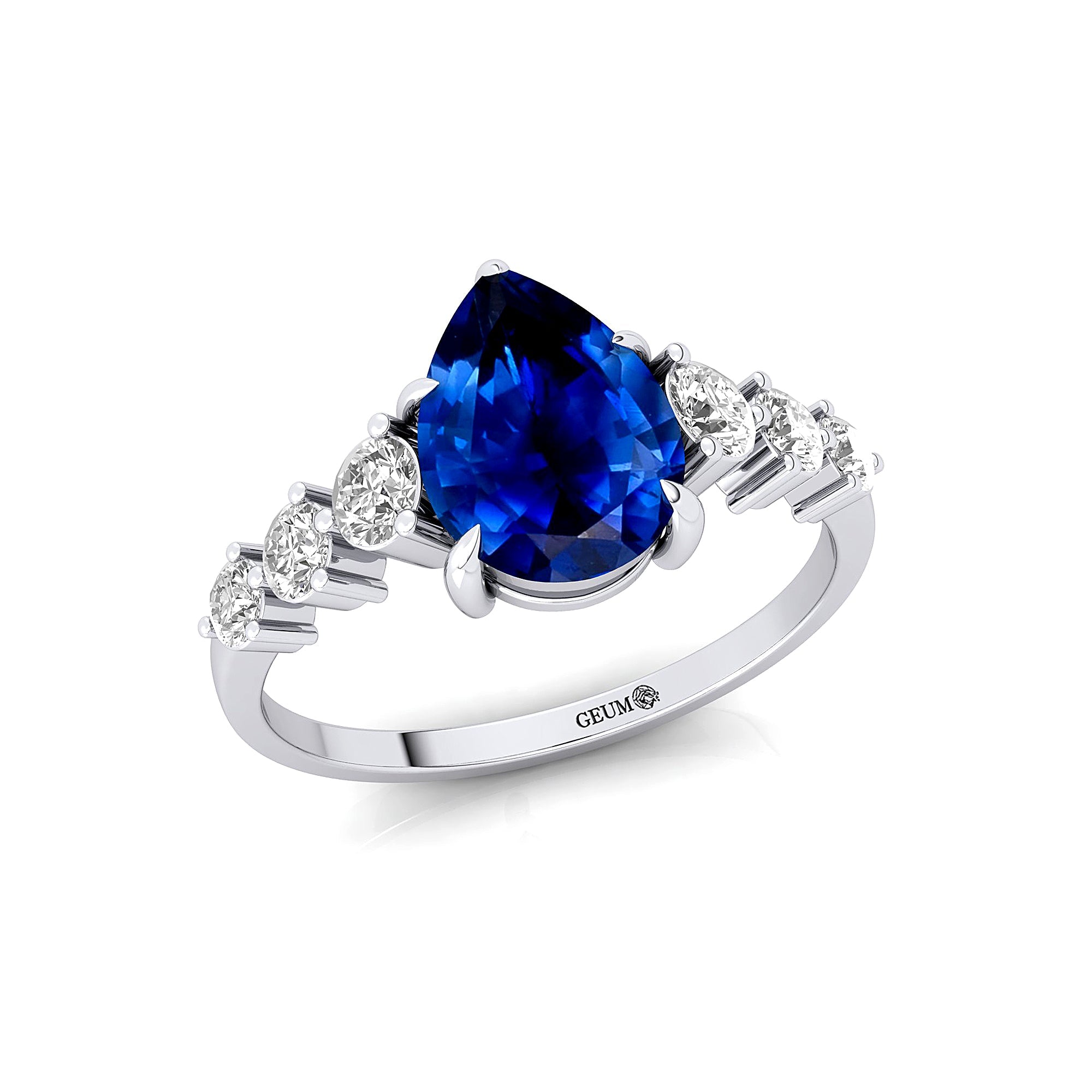 Pear Cut Blue Sapphire with Graduated Diamonds Ring - GeumJewels