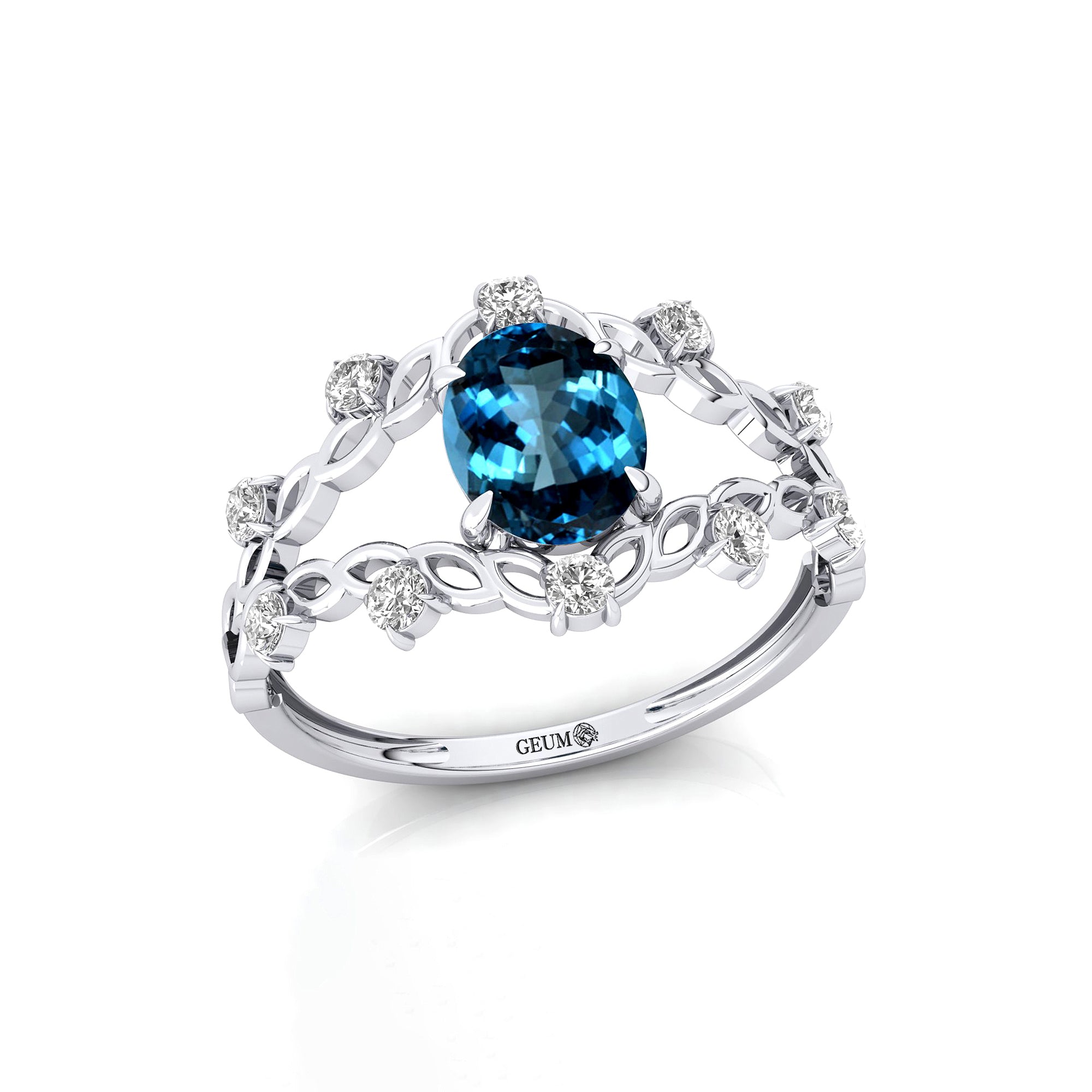 Flower Inspired Ring with Oval Shaped London Blue Topaz and Accent Diamonds - GeumJewels