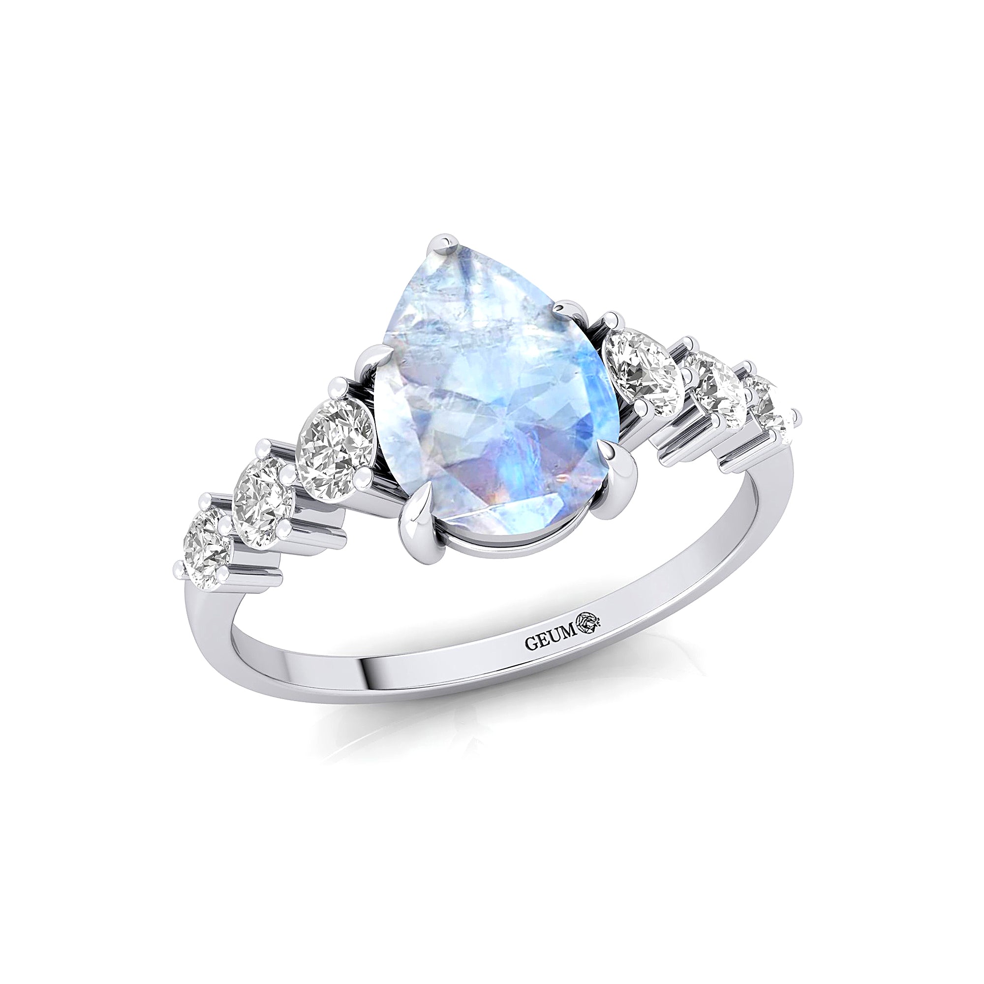 Pear Cut Moonstone with Graduated Diamonds Ring - GeumJewels