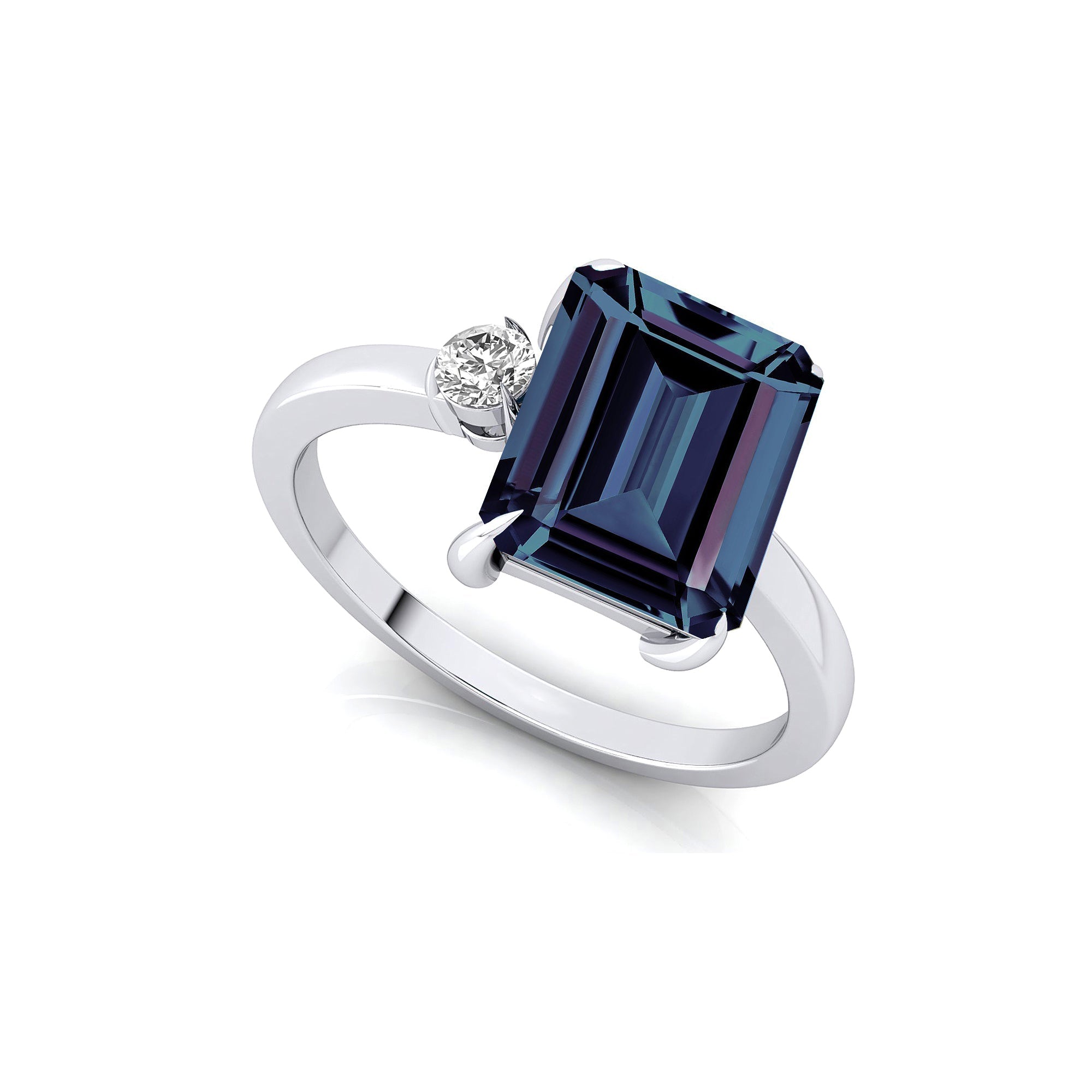 Emerald Shaped Alexandrite with 3mm Accent Solitaire Engagement Ring - GeumJewels