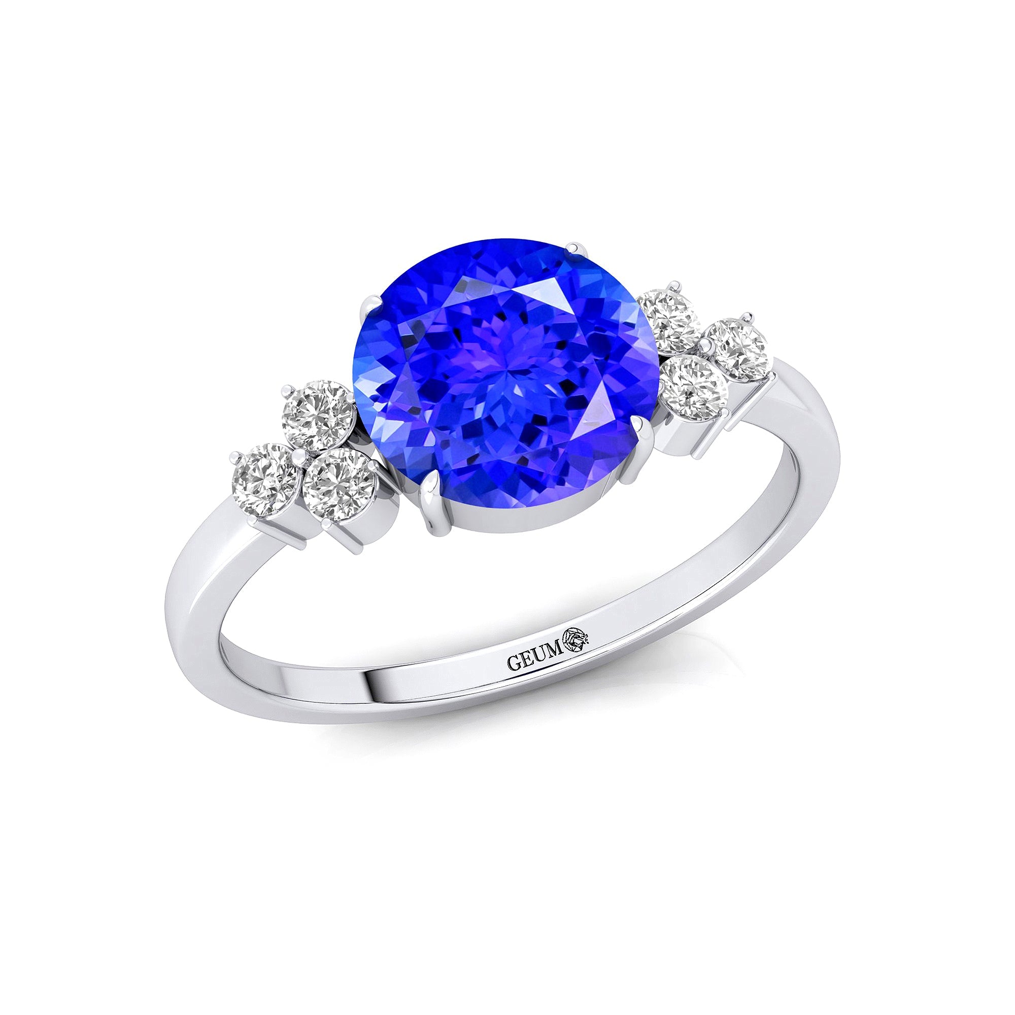 Trio Diamond Engagement Ring with Round Solitaire Tanzanite - GeumJewels