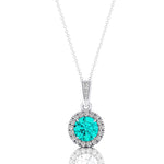 Dainty Round Solitaire Halo Diamond Paraiba Tourmaline Pendant - GeumJewels