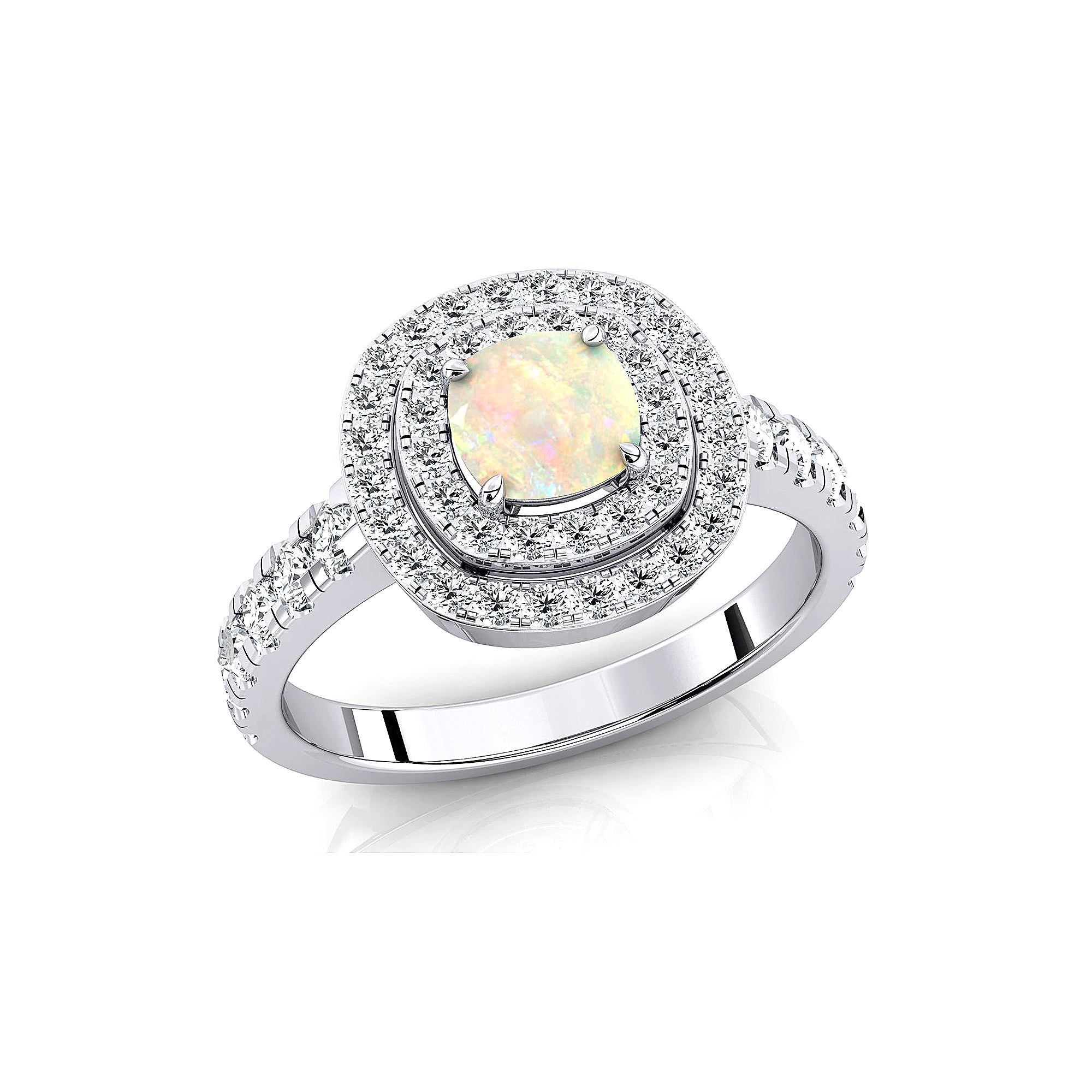 Double Halo Diamond Cushion Cut Opal Ring - GeumJewels