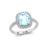 Elongated Cushion Halo Set Aquamarine Engagement Ring with Diamond Band - GeumJewels