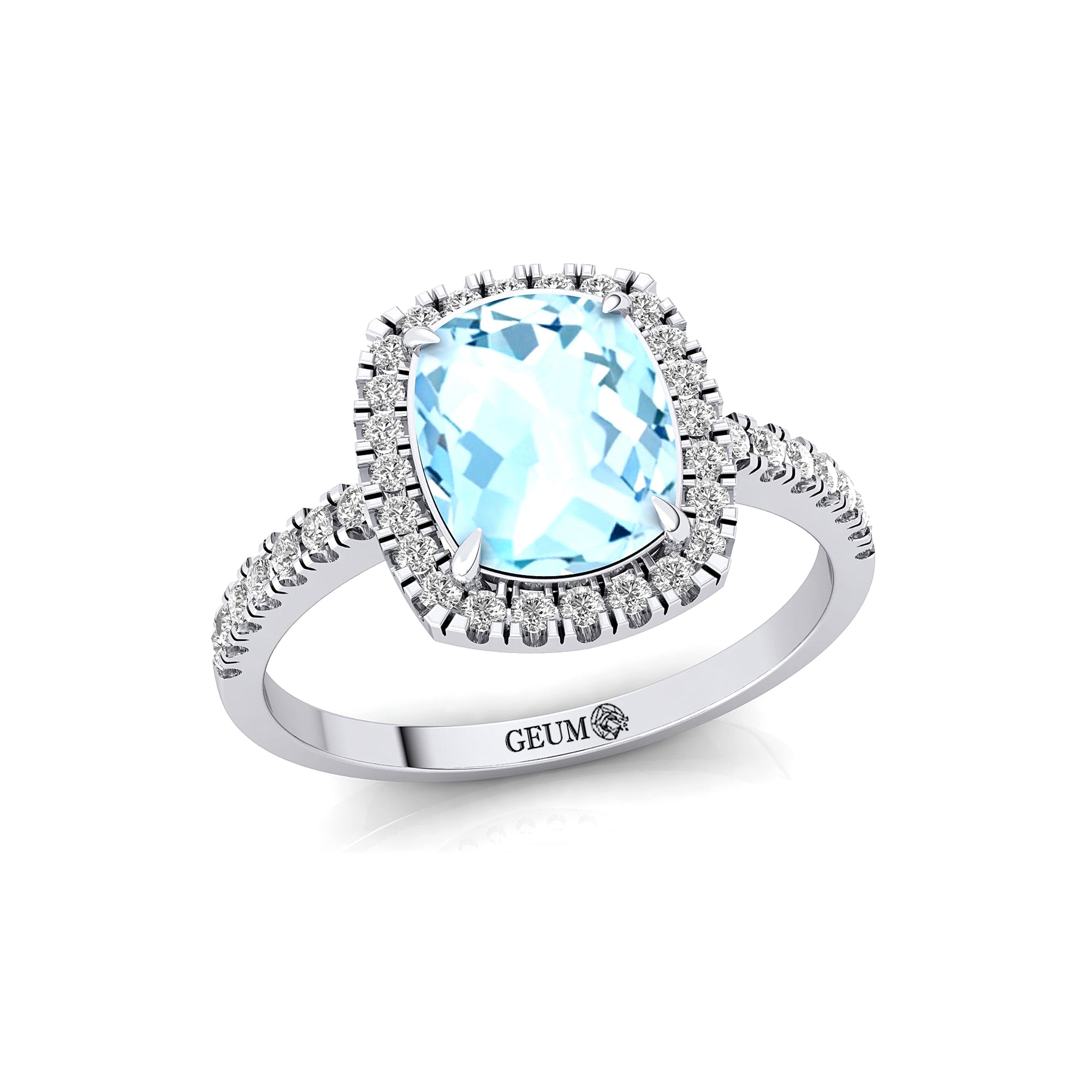 Elongated Cushion Halo Set Aquamarine Engagement Ring with Diamond Band - GeumJewels