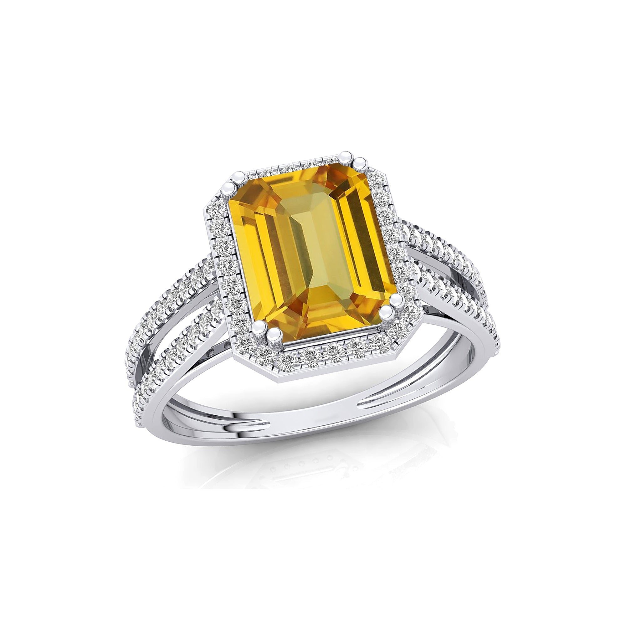 Halo Set Emerald Shaped Yellow Sapphire Split Shank Ring with Accent Diamonds - GeumJewels