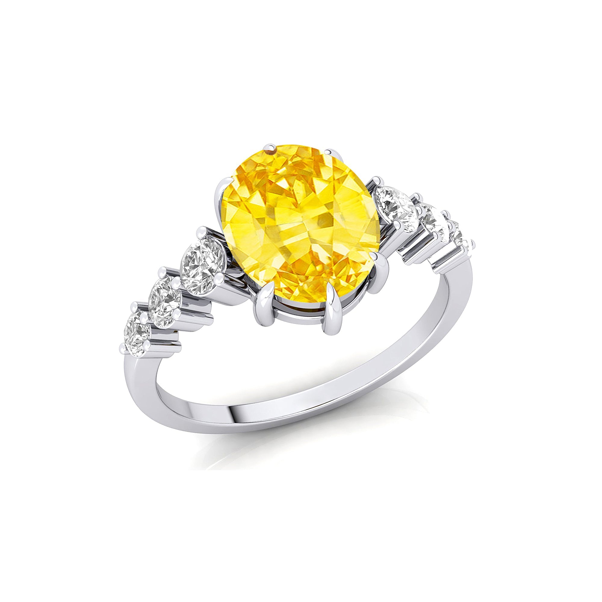 Oval Cut Yellow Sapphire with Graduated Diamonds Ring - GeumJewels