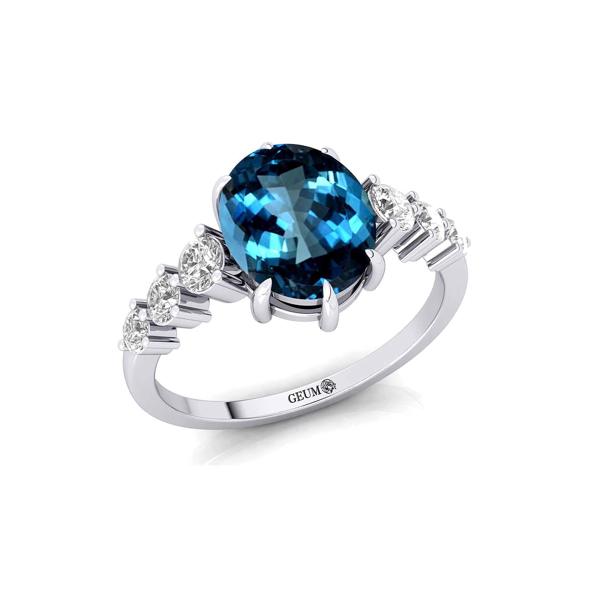 Oval Cut London Blue Topaz with Graduated Diamonds Ring - GeumJewels