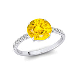 Classic Six Prong Round Solitaire Yellow Sapphire Ring with Accent Diamond Band - GeumJewels