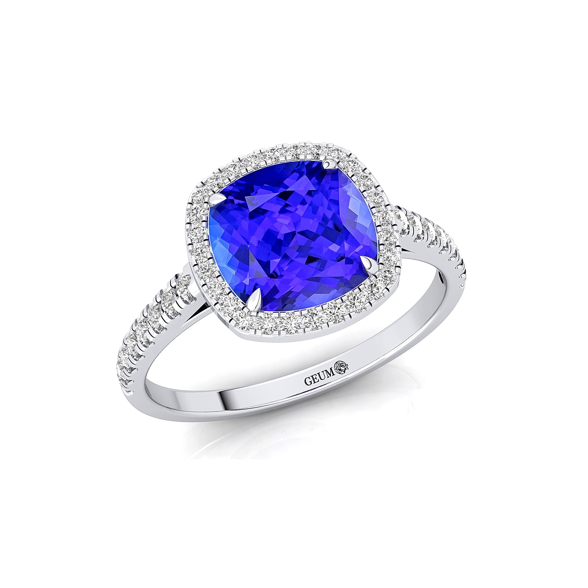 Halo Diamond Engagement Ring with Cushion Cut Tanzanite - GeumJewels