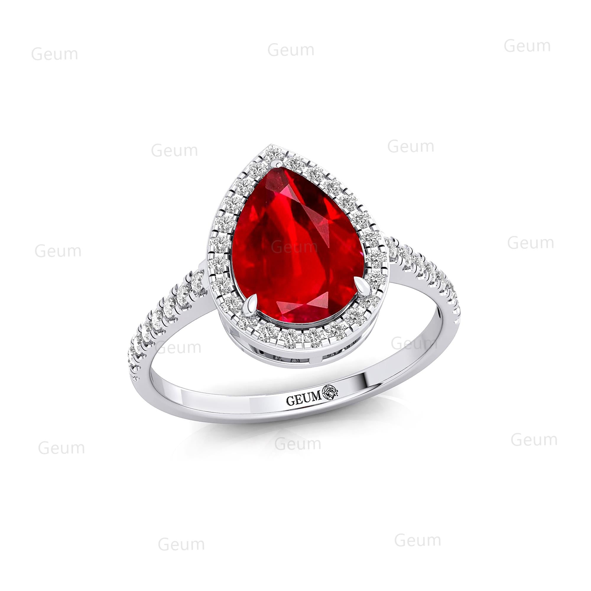 Classic Pear Shaped Ruby Halo Diamond Engagement Ring - GeumJewels