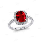 Elongated Cushion Halo Set Ruby Engagement Ring with Diamond Band - GeumJewels