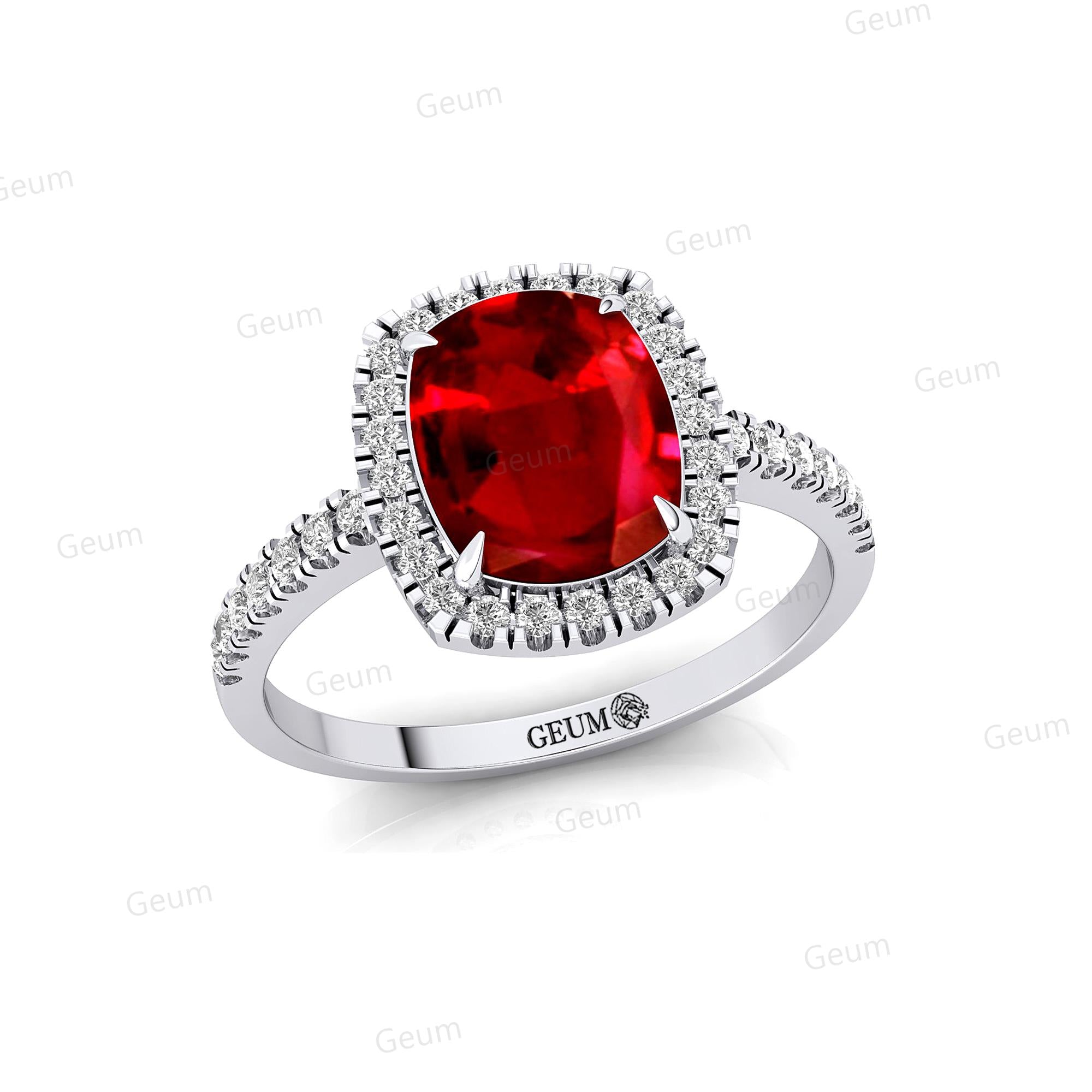 Elongated Cushion Halo Set Ruby Engagement Ring with Diamond Band - GeumJewels
