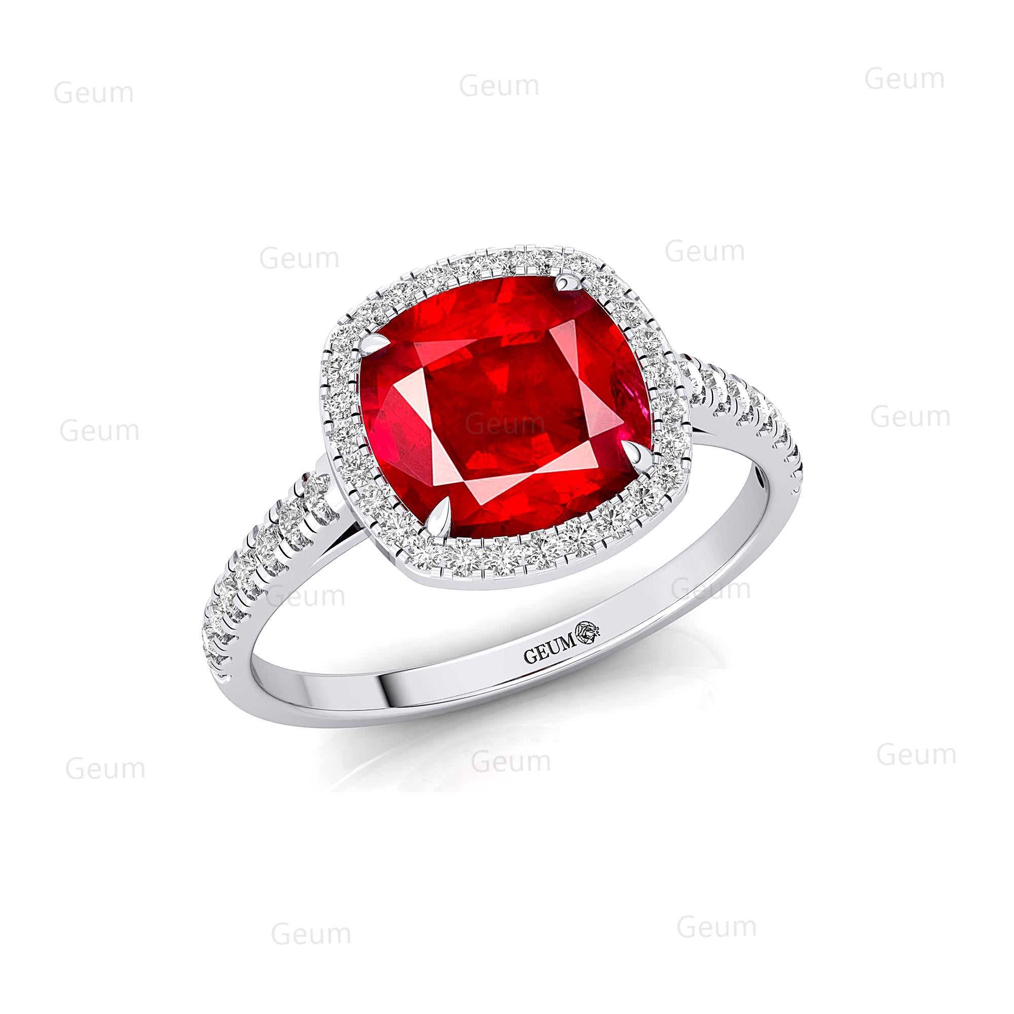 Halo Diamond Engagement Ring with Cushion Cut Ruby - GeumJewels