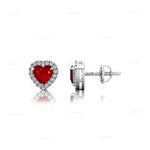 Heart Shaped Ruby Halo Diamond Stud Earrings - GeumJewels