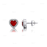 Heart Shaped Ruby Halo Diamond Stud Earrings - GeumJewels