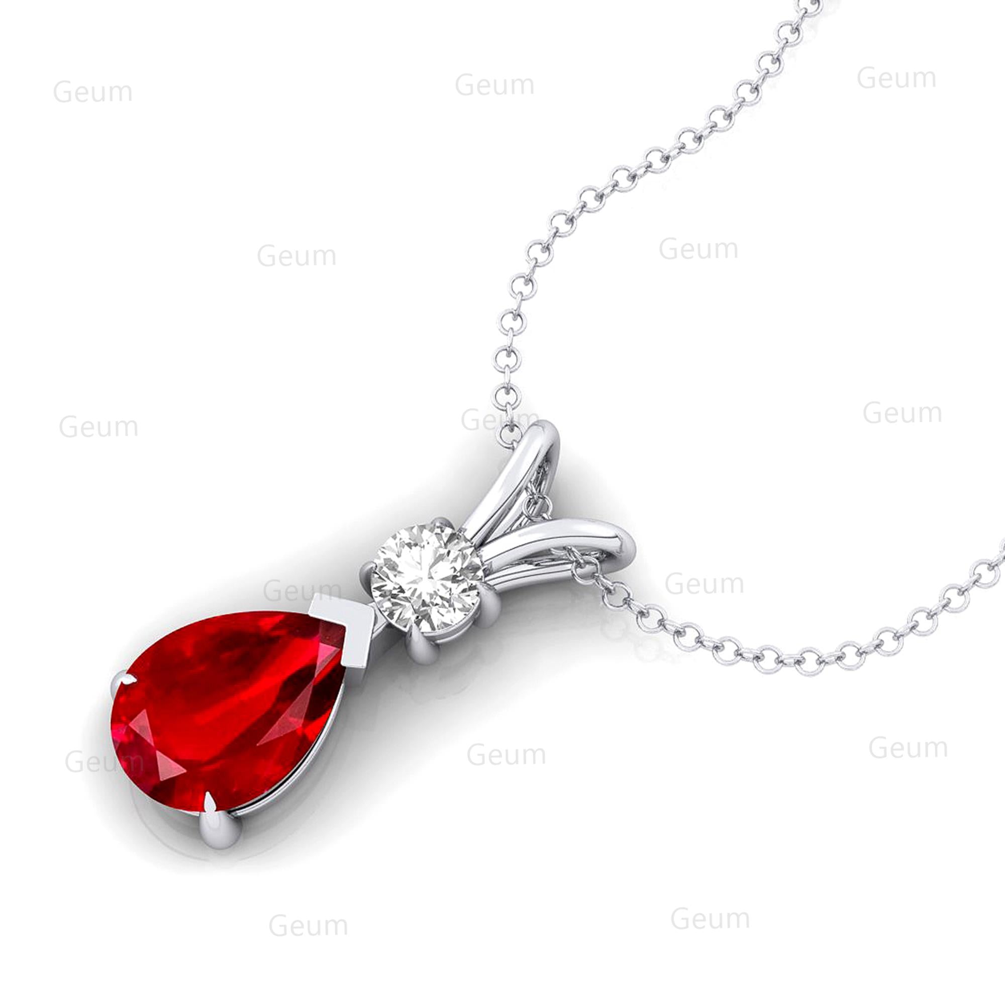Ruby Teardrop Pendant with Solitaire Diamond - GeumJewels