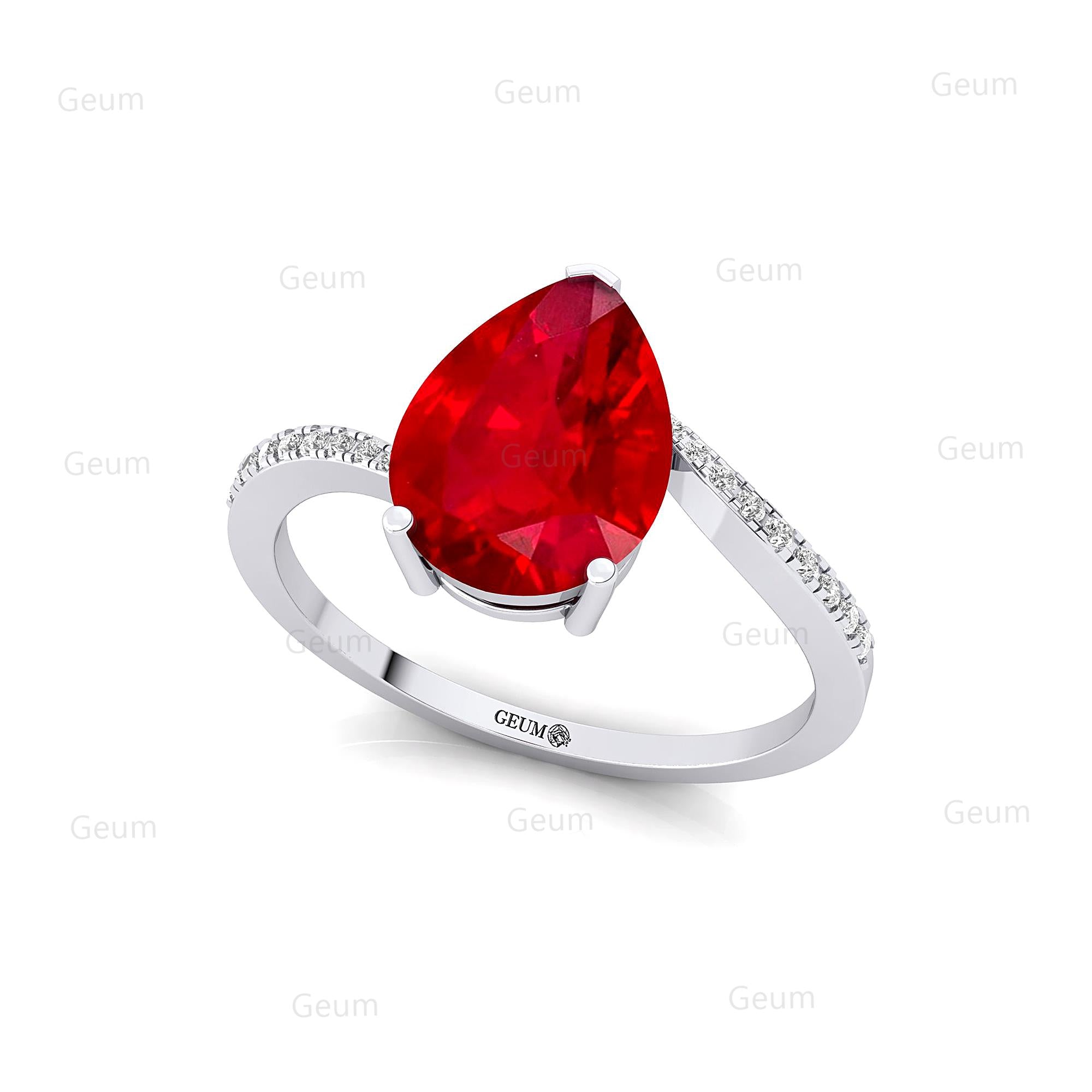 Twisted Up Down Band Pear Shaped Ruby Ring with Accent Diamonds - GeumJewels