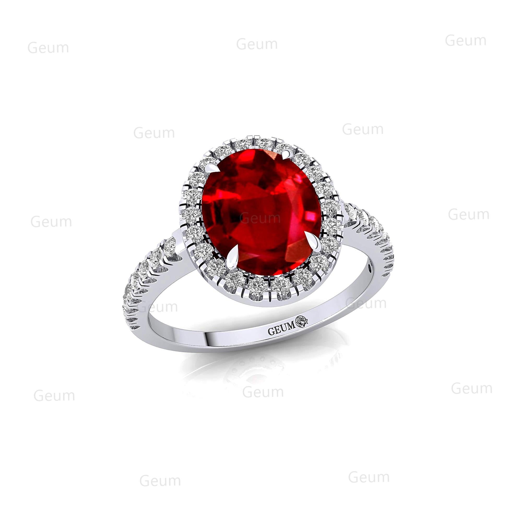 Oval Solitaire Ruby Halo Diamond Engagement Ring - GeumJewels