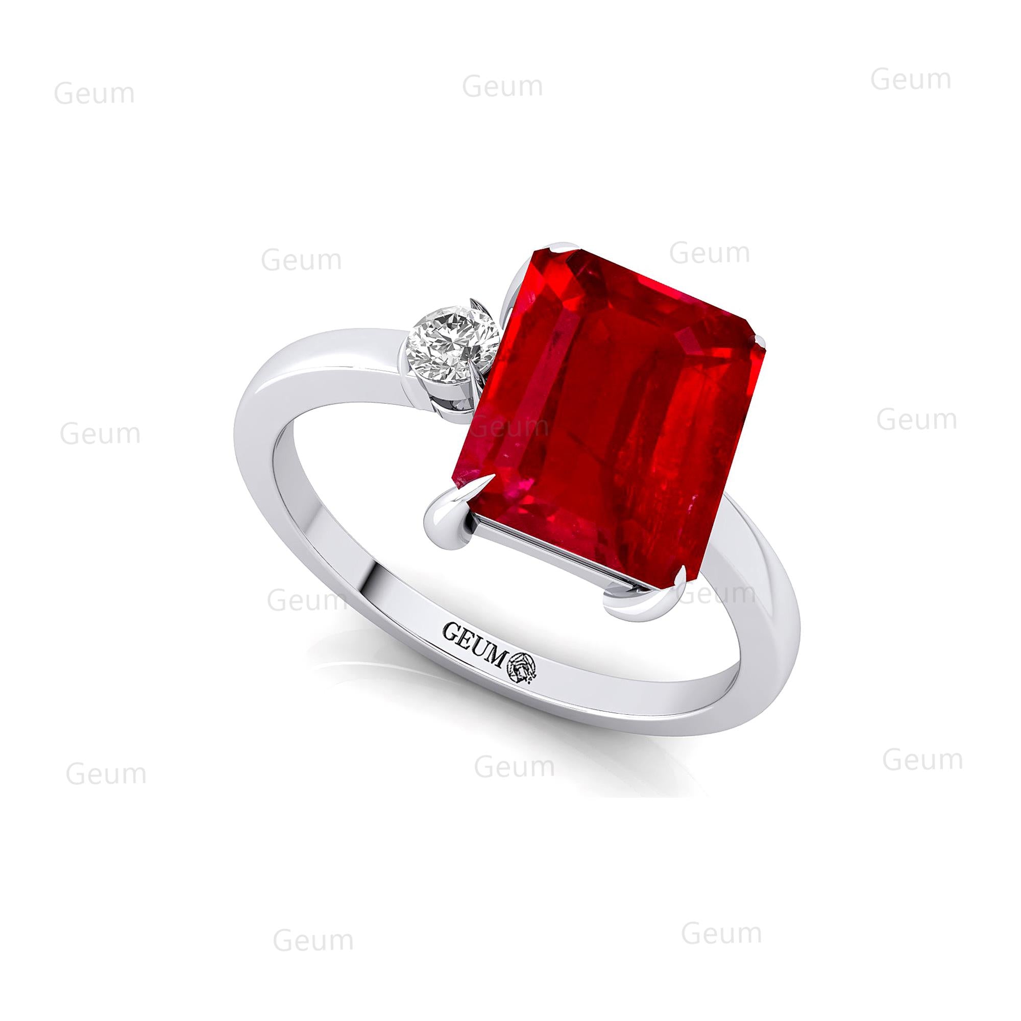 Emerald Shaped Ruby with 3mm Accent Solitaire Engagement Ring - GeumJewels