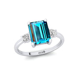 Emerald Cut London Blue Topaz and Diamond Three Stone Ring - GeumJewels